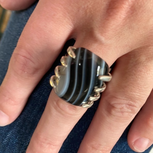 Banded Agate claw style artisan made sterling ring size 8.5